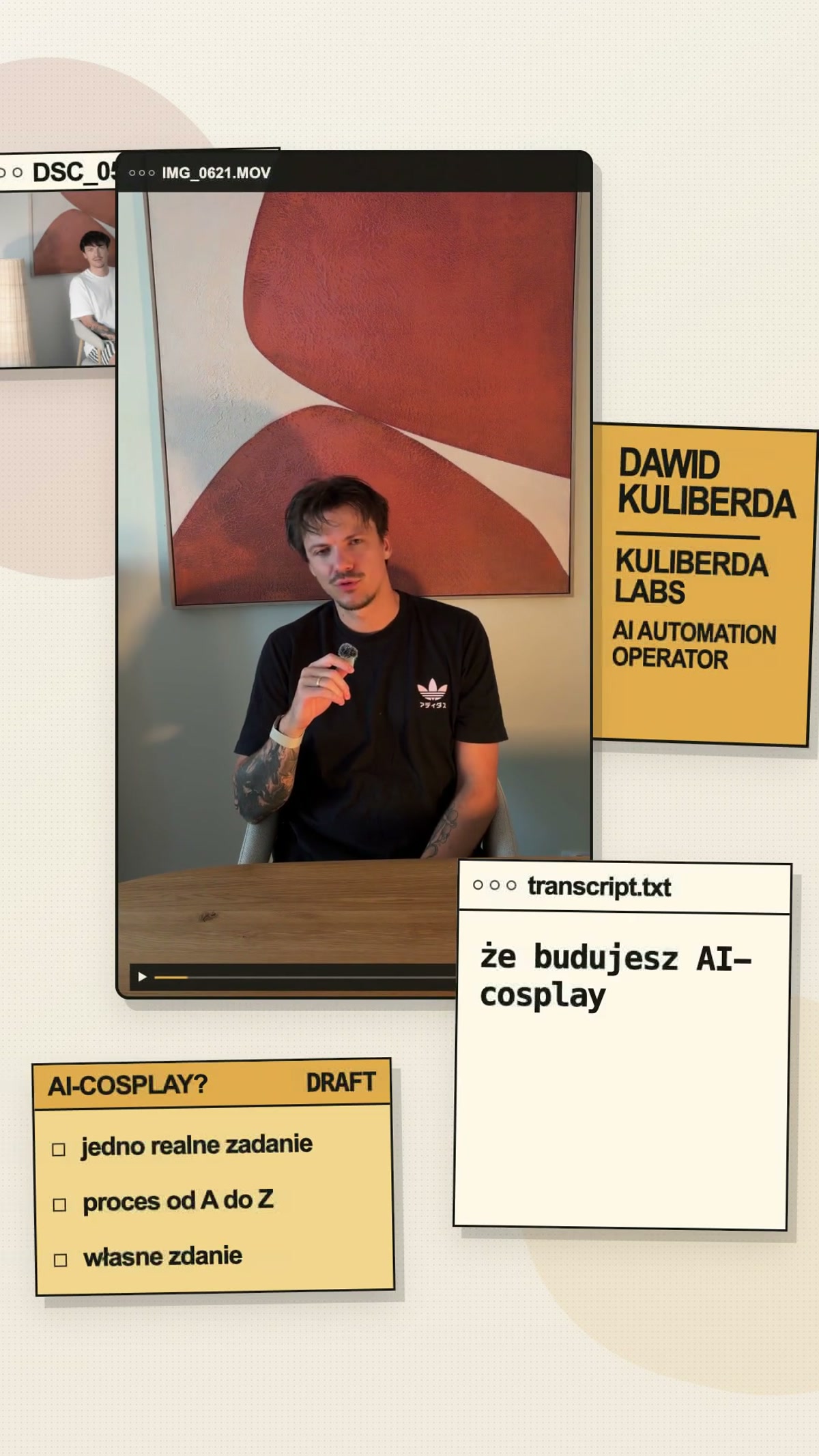 Odtworzony pulpit z pionowym filmem i oknem notatek